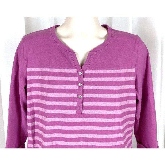 Croft & Barrow Women's Striped Top Half Sleeve to 3/4 Sleeve Mauve Button Tab - Picture 2 of 7